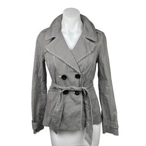 Halogen Black White Gingham Check Double Breasted Tie Belt Trench Jacket Sz XS